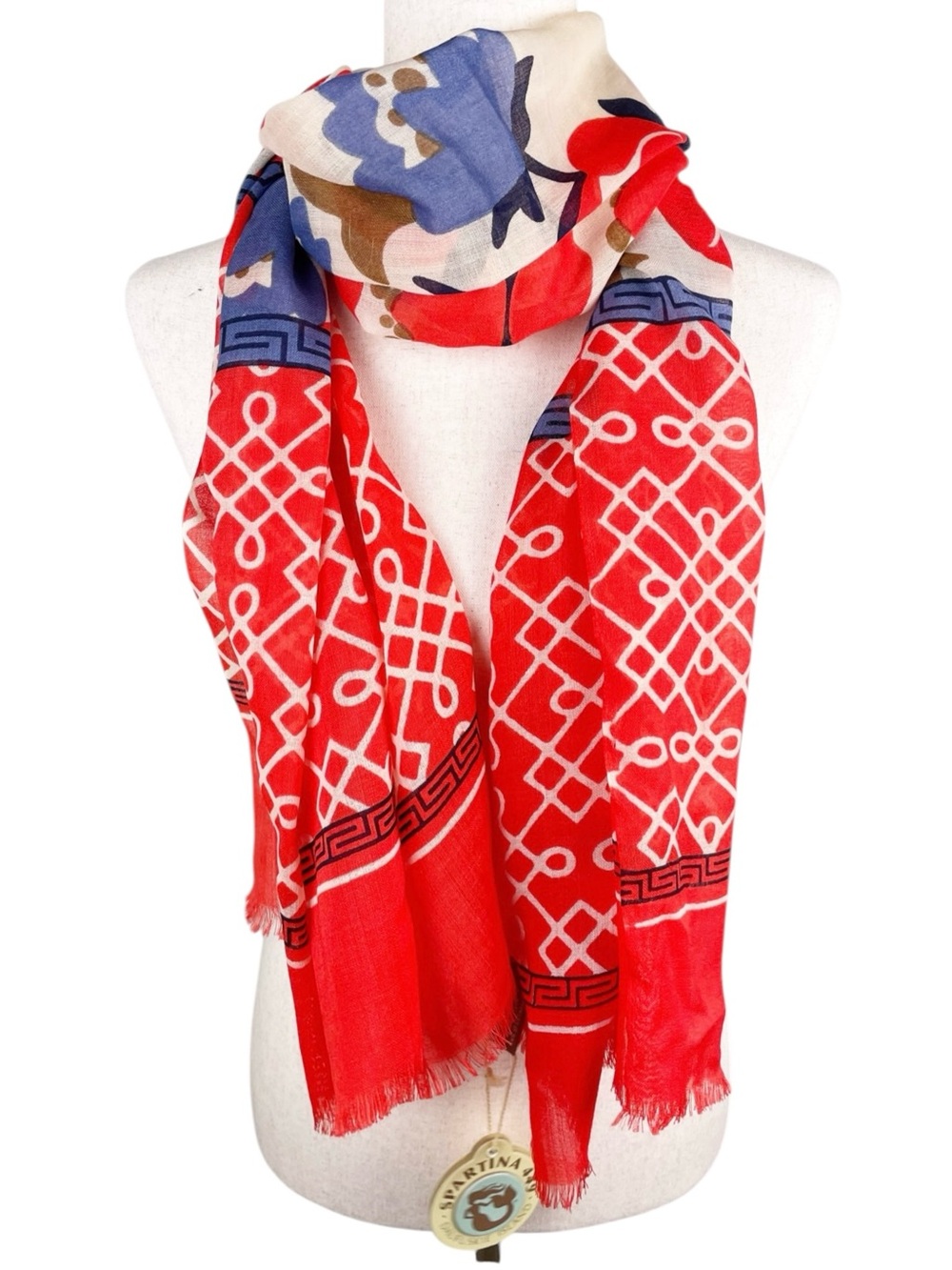 NEW Spartina 449 Peony Lattice Scarf 100% Wool Red Blue Cream Coastal Nautical